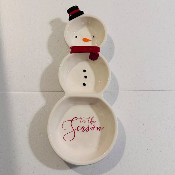 Ceramic Snowman 3 Section Server Dish Tis The Season By Grasslands Road - Picture 1 of 14